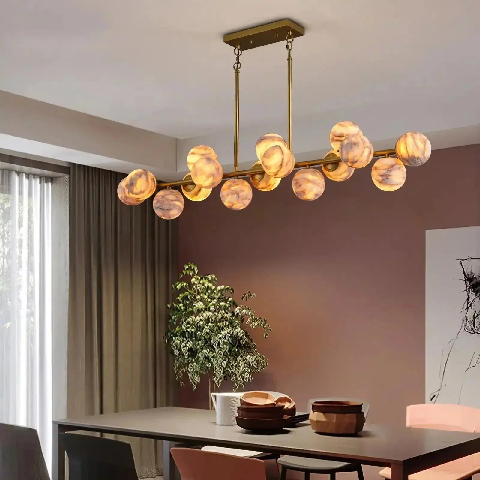 Mid Century Modern Sputnik 12 Light Gold Alabaster Globe Chandelier | Morylighting (16)
