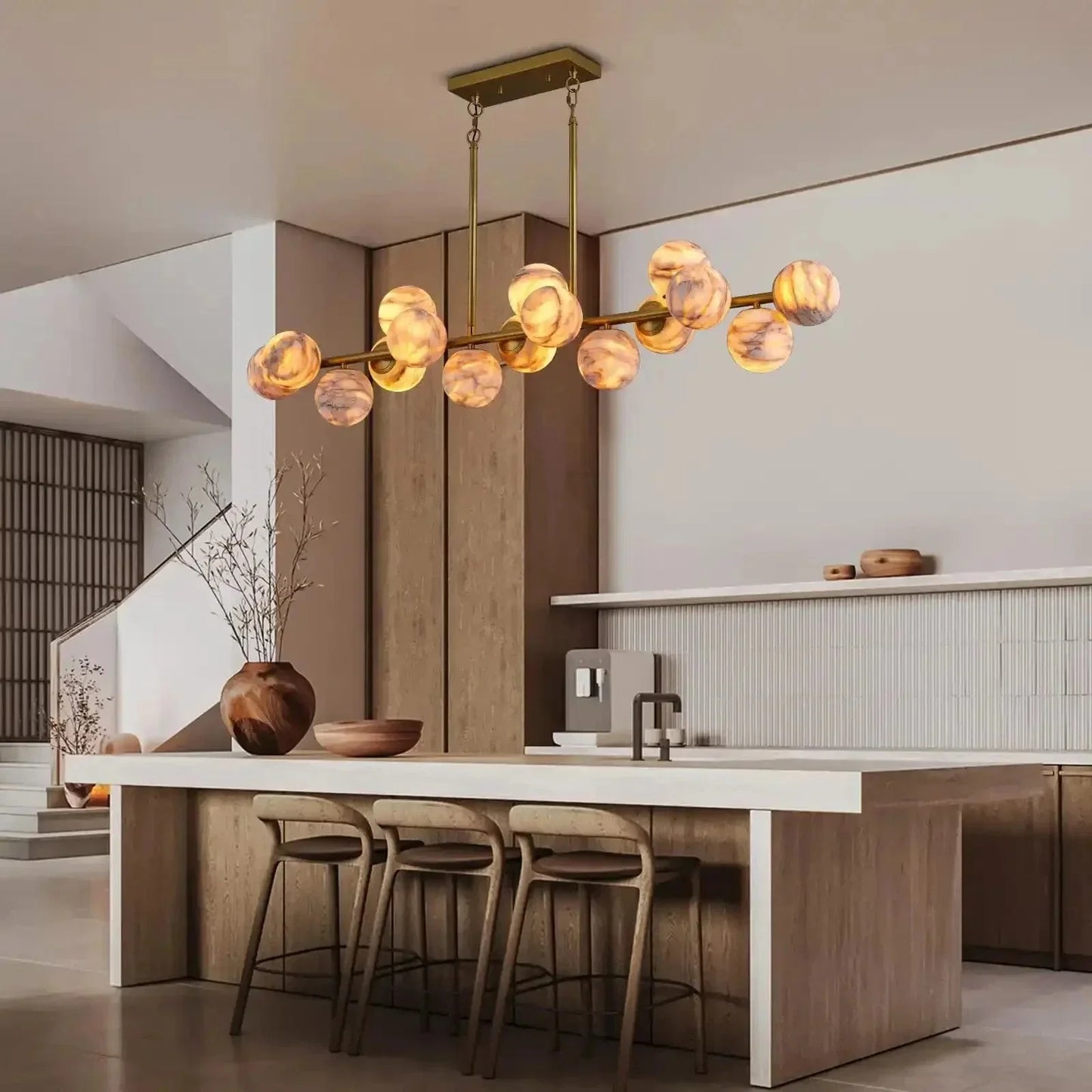 Mid Century Modern Sputnik 12 Light Gold Alabaster Globe Chandelier | Morylighting (30)