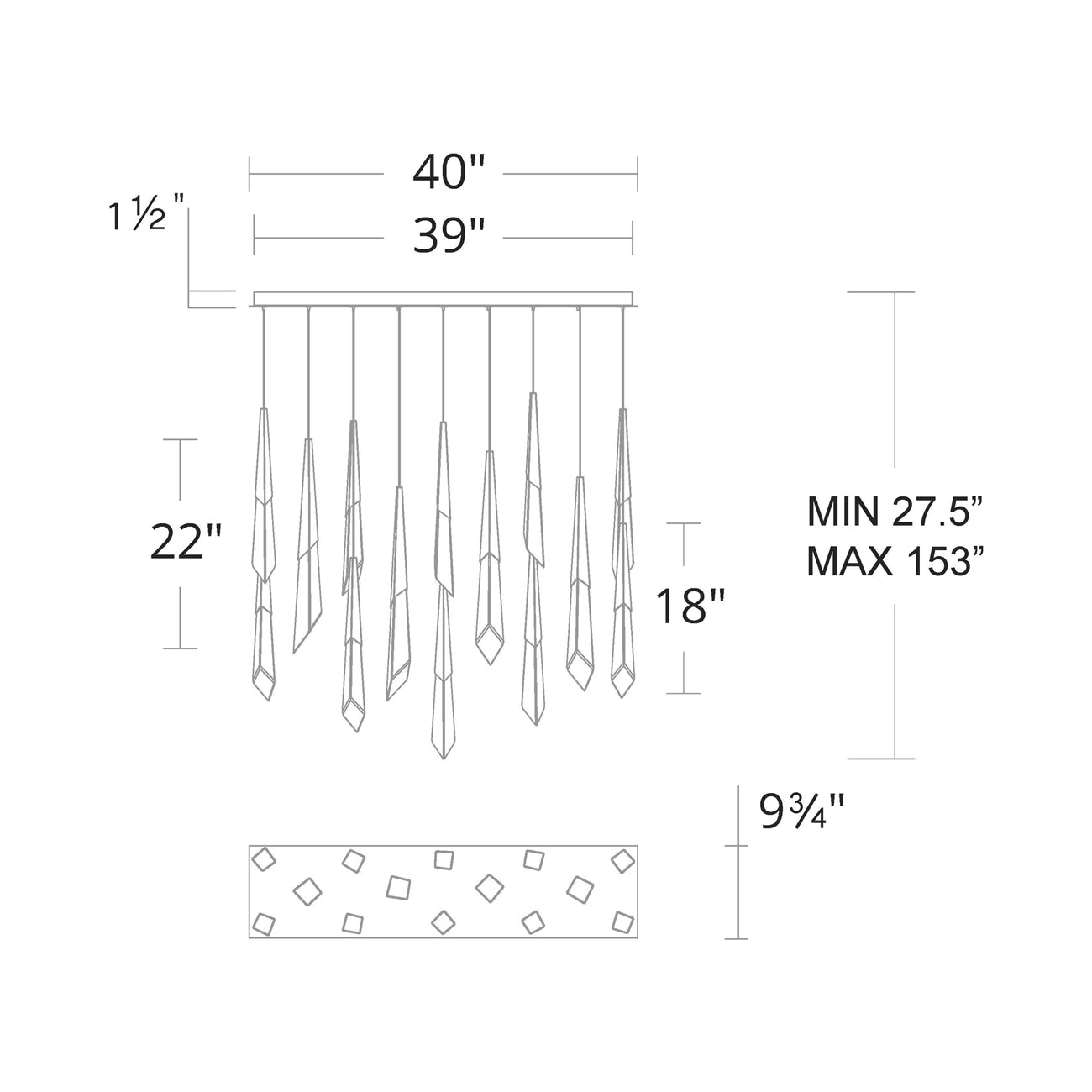 Solitude Linear LED Multi Pendant Light - line drawing.