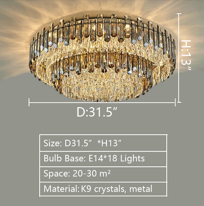 Luxury Large Flush Mounted K9 Round Crystal Chandelier 31.5inch for living room dining room