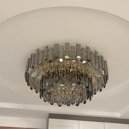Smoke Gray Crystal Chandelier Flush Mounted Ceiling Light Fitxture Set for Dining Room/Living Room