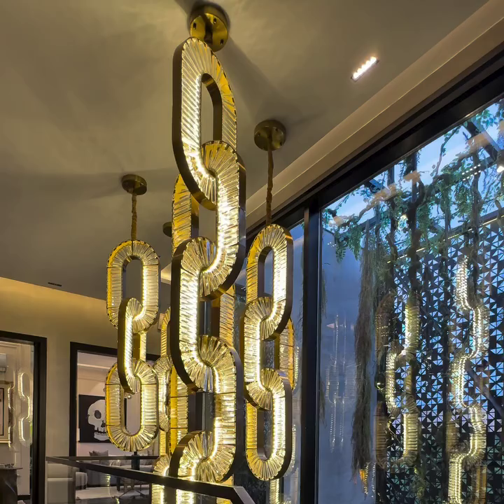 Luxury Crystal and Metal Chain Pendant Chandelier for High Ceilings with Modern Finish